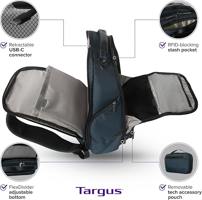 Targus HeritageLuxe Backpack 15-16” – Blue Laptop Bag with SafeSling Protection, RFID Pocket, USB-C Charging, Tracker Slot, Eco Fabric, Leather Accents - TBB65602GL