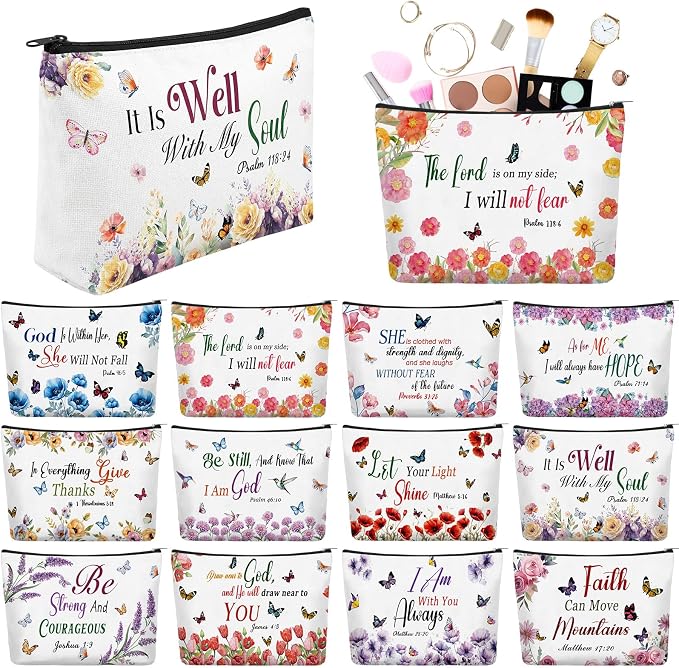 Reginary 12 Pcs Christian Makeup Bags Bulk, Inspirational Bible Verse Cosmetic Bags with Zipper, Floral Canvas Pouch, Christian Gifts for Women Teacher Nurse, Mother's Day Theme Travel Party Supplies
