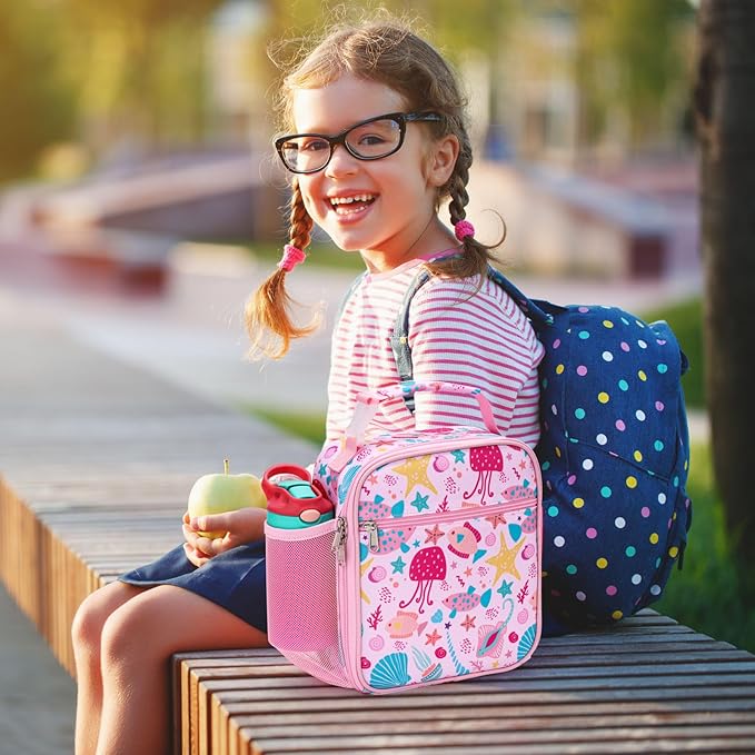Bagseri Kids Lunch Box for Girls - Insulated Toddler Lunch Bag Fits Bento Box, Reusable Daycare Cooler Tote with Clip Handle, Water-Resistant Lining, Pink Sea World