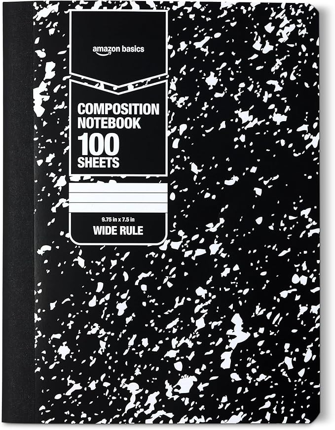 Amazon Basics Composition Notebook, Wide Ruled, 100 Sheets, 1 pack, Marble Black, 9.75" x 7.5" for School, Home, and Office Use