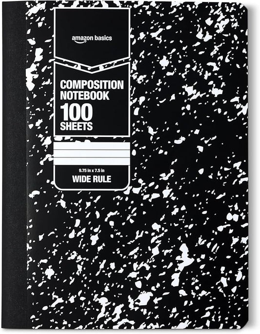 Amazon Basics Composition Notebook, Wide Ruled, 100 Sheets, 1 pack, Marble Black, 9.75" x 7.5" for School, Home, and Office Use