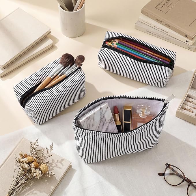 Huhumy 3 Pcs Makeup Bag Set Cute Stripe Cosmetic Pouch for Women Aesthetic Seersucker Travel Toiletry Bag Set Preppy Small Makeup Purse Pouch Cosmetic Organizer Pencil Case with Zipper(Black)