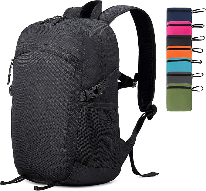 Lightweight Hiking Backpack 18L Packable Foldable Small Daypack Collapsible Travel Bag Water-Resistant for Women Men (Black)