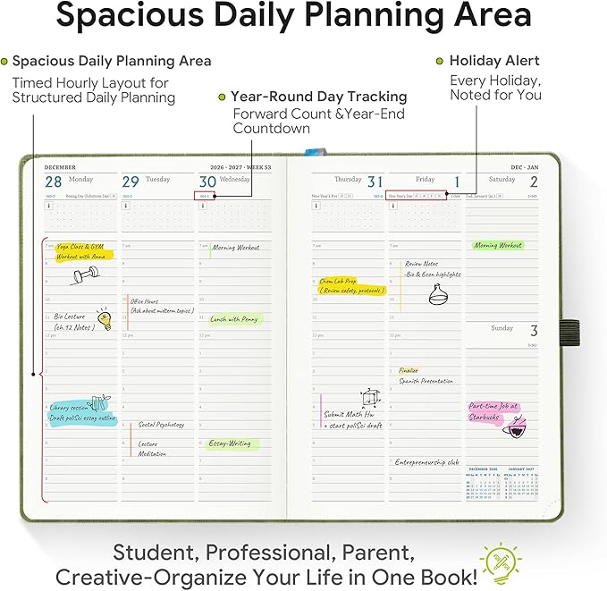 2026-2027 Weekly and Monthly Planner (July 2026–December 2027),6.5"x8.5",Vertical Layout,18 Months Agenda with Month Tabs & Pocket, Academic Calendar with Vegan Leather Cover,Charcoal Gray