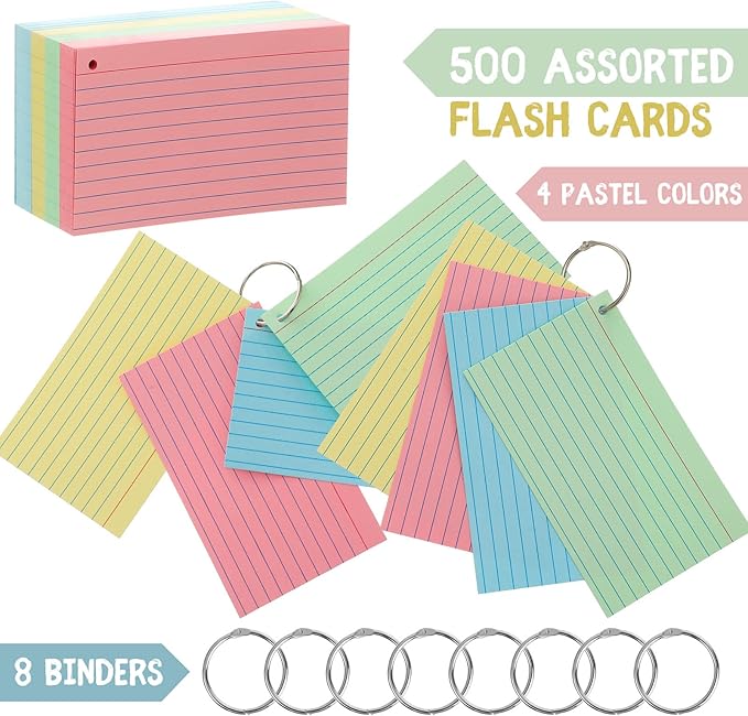 Yexiya 500 Pcs Index Cards with Rings Study Supplies Punched Lined Flash Cards with Holes Ruled Single Hole Notes and Metal Rings for Adults Office(3 x 5 Inch,Pastel Color)