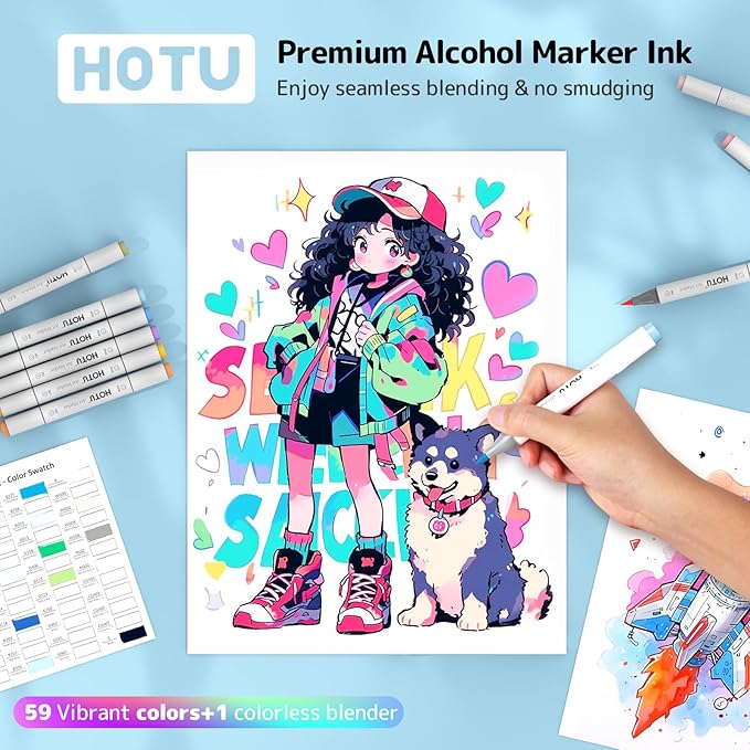 HOTU Alcohol Markers Brush Tip and Chisel Tip：60-Color Double Tipped Art Marker Set for Artist Adults Cozy Coloring books-with Seamless Blending- Brush and Chisel Dual Tips- CPC Certificated