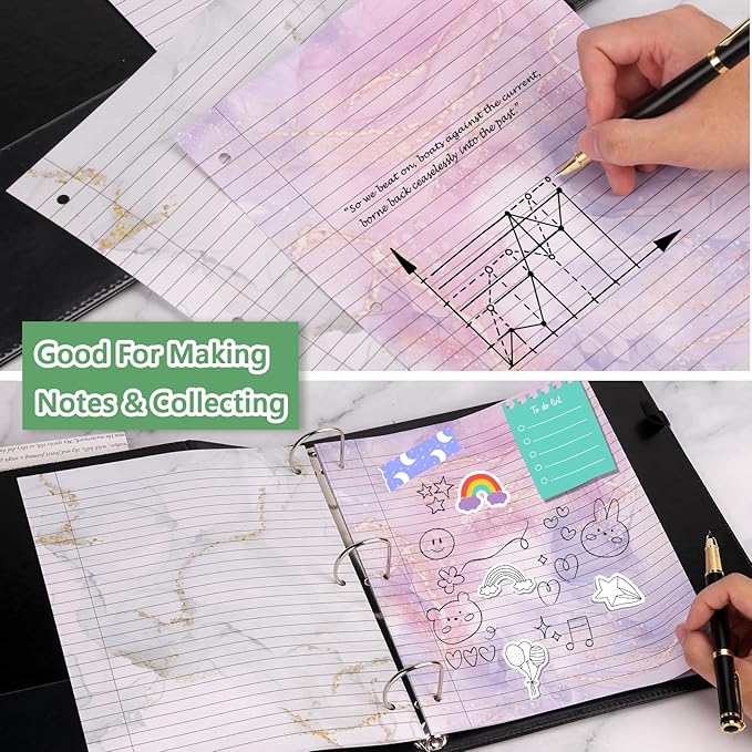 500 Sheets 8×10.5 Inch Colored Loose Leaf Paper Wide Ruled for 3-Ring Binder 11/32" Spacing Colored Marble Lined Filler Notebook Paper Wide Ruled 3-Hole Punched 80gsm for School Office