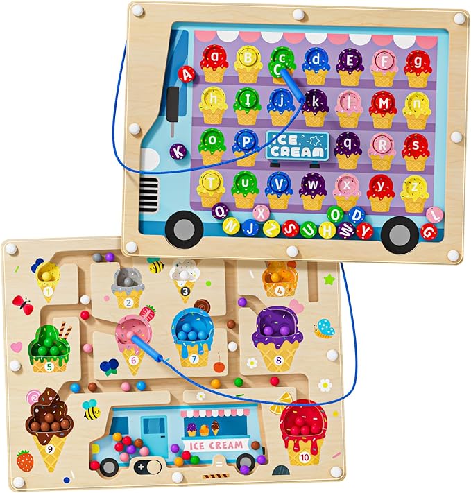 2 in 1 Magnetic Color and Number Maze Double-Sided ABC Alphabet Puzzles Board Magnet Dinosaur Counting Maze Preschool Learning Montessori Education 3 4 5 Years Toys (Ice Cream, One Size)