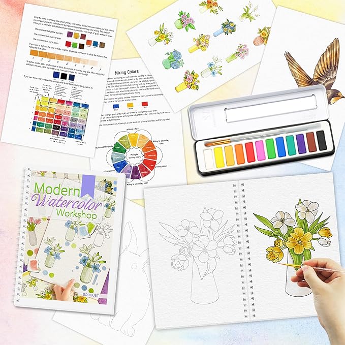 2Pcs Watercolor Workbook Beginner-Friendly Watercolor Workbook with Step by Step for Adults for Adults with 12 Colors Paint, Beginner Watercolor Painting Kit Watercolor Paper Valentine's Day Gift