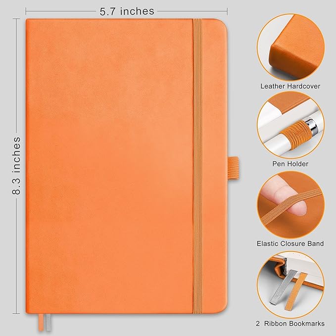 RETTACY Dotted Journal Notebook, 192 Pages, A5 Medium Size (5.7'' x 8.3''), Leather Hardcover, 100 GSM Thick Paper, for Journaling, Planning, Tracking (Orange)