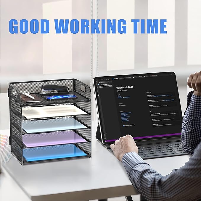 Supeasy 2 Pack 5-Tier Desk Organizer with Handle Mesh Desk File/Paper Organizer Letter Tray for Office, School, Classroom and Home Easy Installation, Black