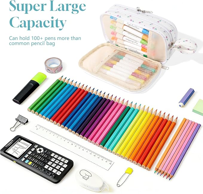 Corduroy Pencil Case, Large Capacity Pencil Pouch with 4 Compartments, Cute Soft Aesthetic Stationery Pen Bag Organizer with Zipper, Portable School Supplies for Teen and Adult Girls, Purple Flower