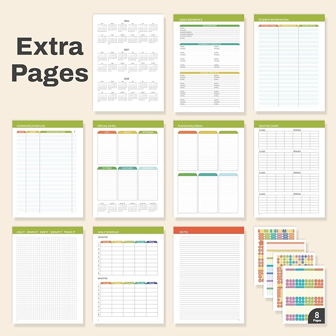 SUNEE Deluxe Teacher Planner 2026-2027, Lesson Planner Book with 7 Periods Jul 2026 - Jun 2027, 8.5" x 11" Daily Weekly and Monthly Organizers with Colorful Tabs, Planning Stickers,120gms Paper, Black
