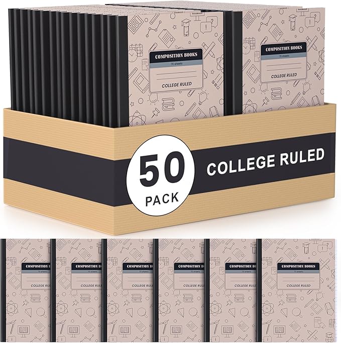 Oucaru Composition Notebook 50 Pack Bulk College Ruled, Brown Cover Notebooks for School, 70 Sheets 7-1/2"x9-3/4, Back to School Supplies Journal for K-12 Students