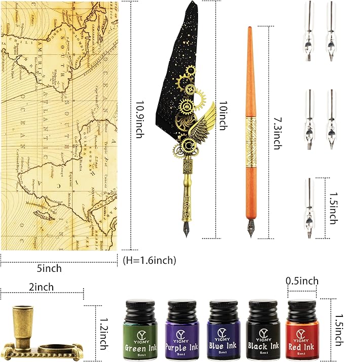 Feather Pen and Ink Set Calligraphy Kit for Beginners with Quill Pen, Antique Vintage Stationary Set for Writing, Signing & Hand Lettering Art(Black feather)