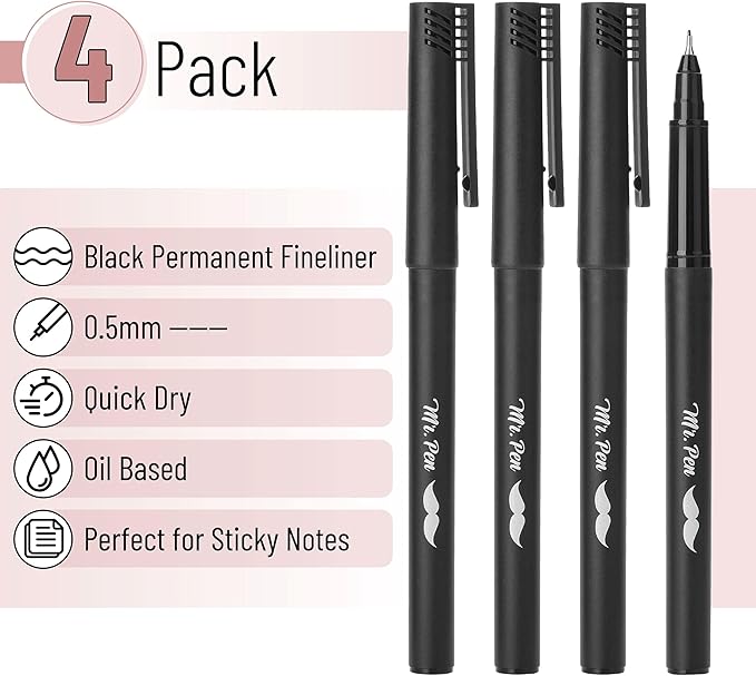 Mr. Pen- Black Fineliner Pens, 4 Pack, 0.5mm Fine Point, Permanent Ink, Oil-Based, Quick Dry, Smooth Writing, Bold Lines, Fineliner Marker Pens for Transparent Sticky Notes, Planner, Journaling