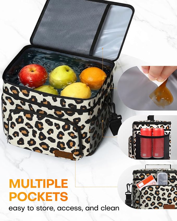 HOTOR Insulated Lunch Box Men Women Leak-Proof Cooler Lunch Bag 9L | 4 Pockets, Adjustable Strap, Ideal for Work, Picnic, Travel, Camping, Gift, Brown Leopard