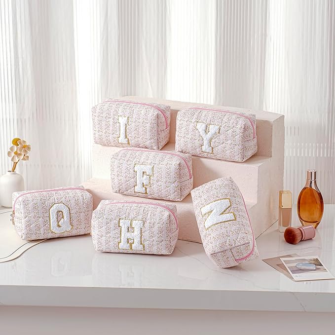JOVAKIT Alphabet Makeup Bag Cosmetic Bag for Women, Christmas Gifts for Girls Age 6-18, Floral Flowers Coquette Travel Toiletry Zipper Make Up Pouch Organizer Trendy Stuff (Pink Floral V)