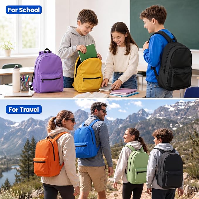12 Pack Backpacks Bulk, 17 Inch Lightweight Bookbags in 6 Colors，Wholesale Backpack for Back to School Supplies