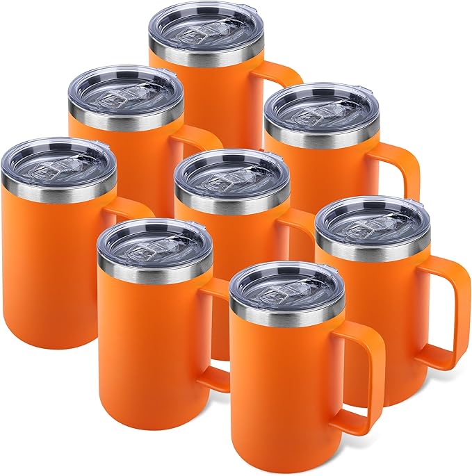 22oz Insulated Coffee Mug with Handle & Leak-Proof Lid - Double Wall Stainless Steel Travel Tumbler Bulk for Commute/Office/Home, Orange, 8 Pack