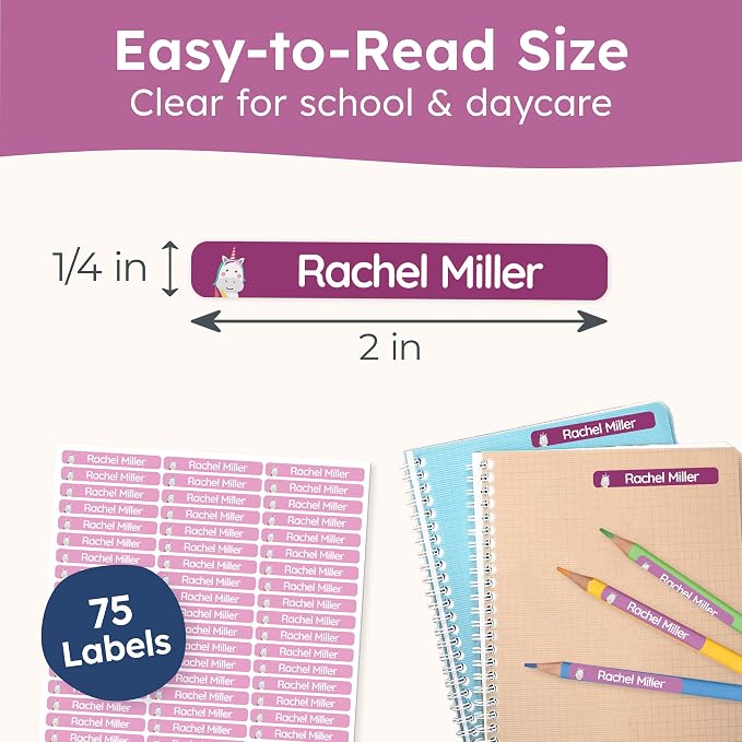 Personalized Kids Name Labels for Pencils Purple [75pcs] - Waterproof Name Stickers for School & Daycare - Pencil Custom Name Stickers - Children Name Stick On Labels for Pens (2.0”x0.3”)