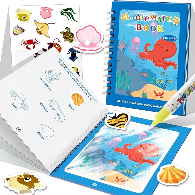 Reusable Water Coloring Books for Toddlers 1-3 with 18+ Stickers & No-Mess Pen, Sea World Theme Water Coloring Books for Toddlers 1-3, Magic Paintless Painting Book for Toddler，Paintless Painting Book