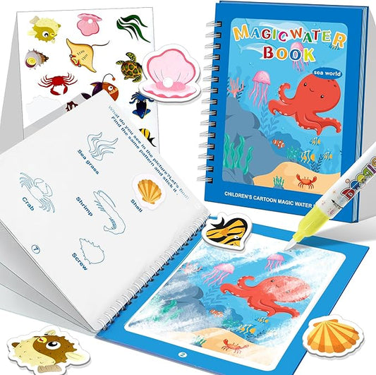 Reusable Water Coloring Books for Toddlers 1-3 with 18+ Stickers & No-Mess Pen, Sea World Theme Water Coloring Books for Toddlers 1-3, Magic Paintless Painting Book for Toddler，Paintless Painting Book