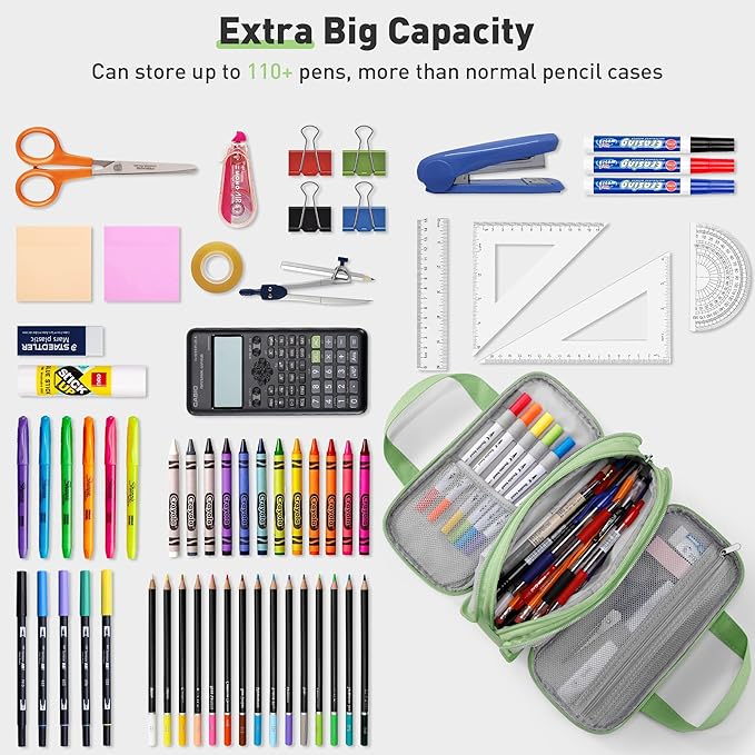 Zannaki Large Pencil Case, Big Capacity Pencil Pouch Pen Bag with 3 Compartment, Portable Canvas Stationery Organizer with Zipper, Cute Aesthetic School Supplies for Teen Girls Boys College,Green
