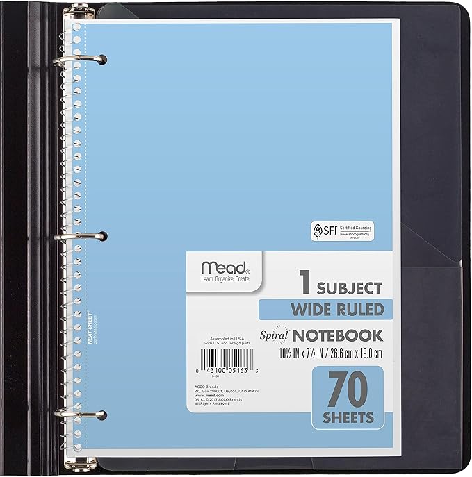 Mead Spiral Notebook, 6 Pack, 1 Subject, Wide Ruled Paper, 7-1/2" x 10-1/2", 70 Sheets per Notebook, Assorted Pastel Colors (930050-ECM)