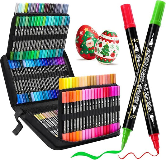 Tongfushop 120 Colors (12 Metallic) Acrylic Paint Marke, Dual Fine & Brush Tip Paint Pens, No Bleed & Quick-Dry with Case for Rock Painting, Canvas, Wood, Ceramic, Glass, Adult & DIY Art Supplies