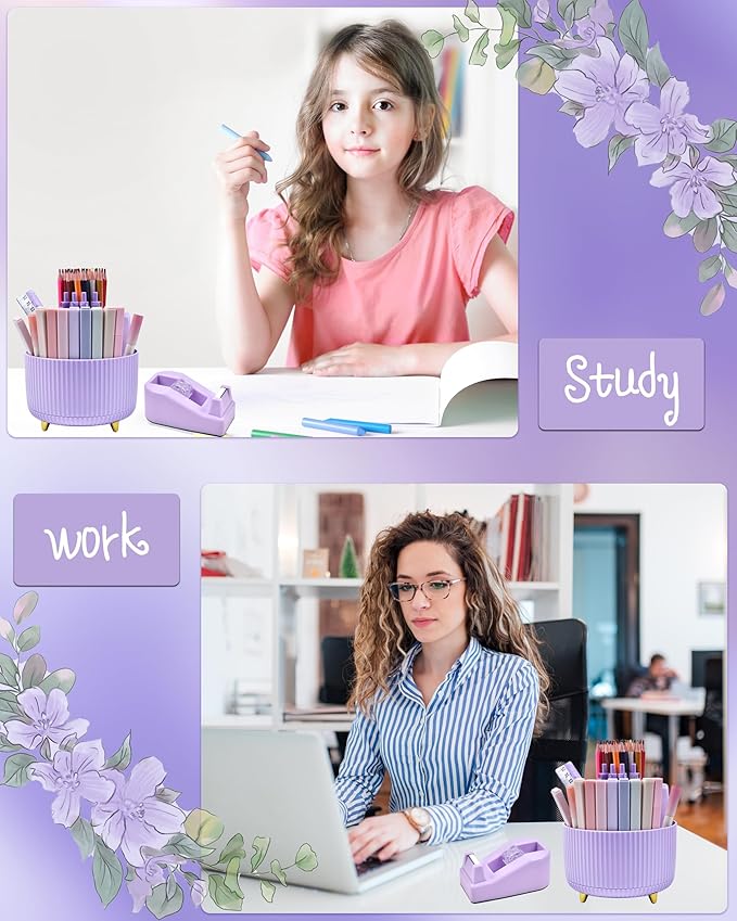 LXEVIHK Purple Desk Accessories, 20Pce Office Supplies and 360°Pen Holder Desk Organizers, With Tape Dispenser, Stapler, Staple Remover, Ect, Fill Your Desktop With Lovely Colors