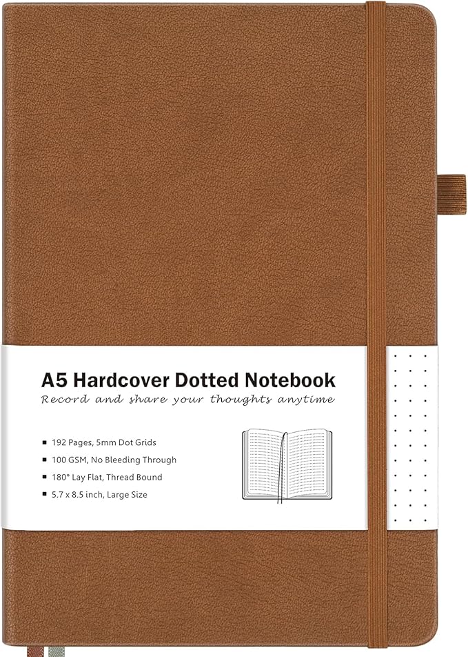 Dotted Journal, Hardcover Notebook, Dot Grid Notebook Journal for Women, Men, Large Leather Journals for Writing, Bullet, No Bleed Thick Paper, A5 Notebooks for Work, School, Notes, 5.7"x8.5", Brown