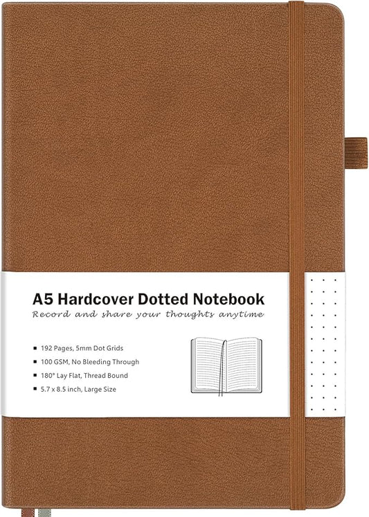 Dotted Journal, Hardcover Notebook, Dot Grid Notebook Journal for Women, Men, Large Leather Journals for Writing, Bullet, No Bleed Thick Paper, A5 Notebooks for Work, School, Notes, 5.7"x8.5", Brown