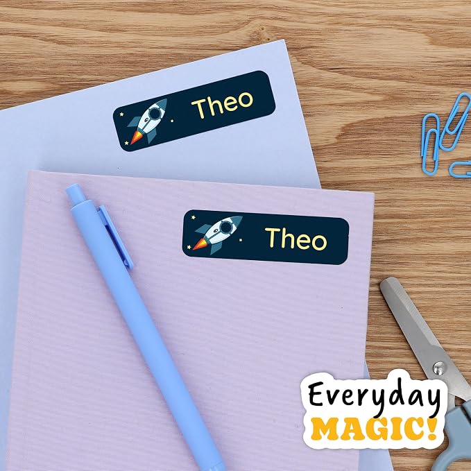 Camp Name Labels for Kids (33) – Personalized Stickers & Daycare Labels – Waterproof for Water Bottles, Lunch Boxes & School - Universe