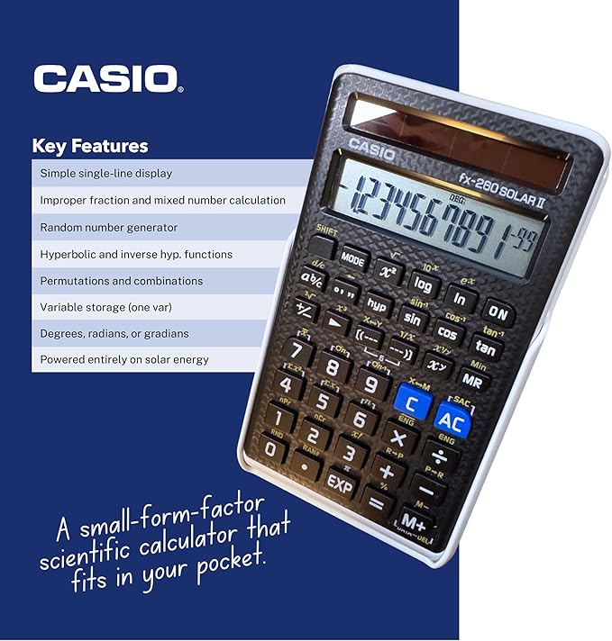 Casio fx-260 Solar II Scientific Calculator | 10-Digit Display | Fraction & Trig Functions | Ideal for Middle School, High School Math, Algebra, Trigonometry | Solar Powered