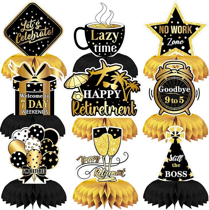 Retirement Table Decorations - Black and Gold Retirement Decorations 9Pcs Retired Honeycomb Centerpieces Table Toppers for Goodbye Farewell Party Supplies for Men Women, Photo Booth Props