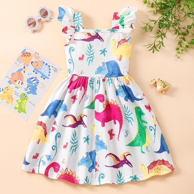 Popshion Girls Dresses Flutter Sleeve Swing Sundress Toddler Summer Clothes Kid Birthday Party Sleeveless Dress 1-8 Years Old