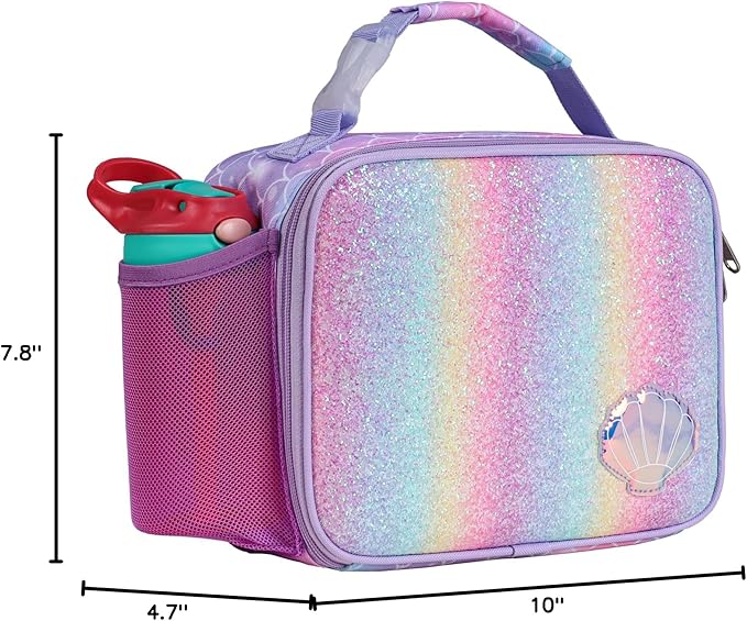 Bagseri Kids Lunch Bag Girls - Thermal Insulated Lunch Box Tote with Water Bottle Holder, Reusable Leak-Proof Kids Lunch Box for Daycare & School, Glitter Purple Mermaid (Containers Not Included)