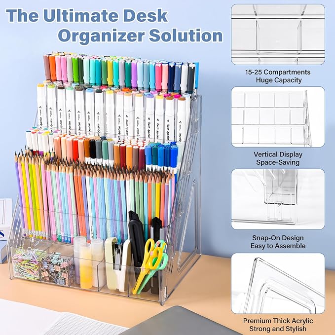 CELSOL Acrylic Pen Holder – 3 Tier 15 Compartments Vertical Storage for Markers, Pens & Art Supplies – Clear Desk Organizer for Home, School & Office – Ideal for Space-Saving & Desk Organization