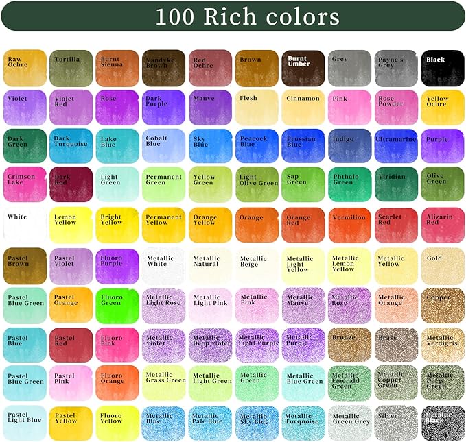 Artecho Watercolor Paint Set 100 Colors with Metallic in Portable Box, Paint Kit with Watercolor Papers and Brushes, Water Color Set for Beginners & Professionals