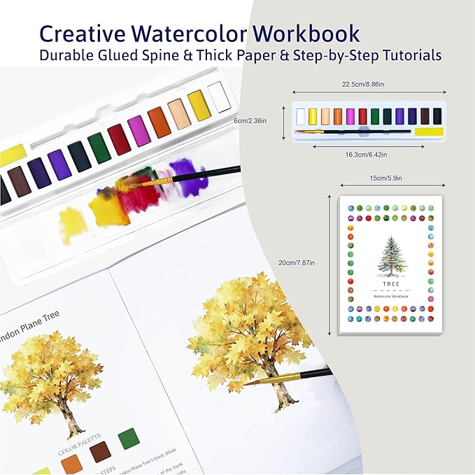 CraftyManor Watercolor Workbook Creative Fruit Water color Paint Book Set with Paints & Brush, 12 Patterns of Original DIY Designs, Beginner-Friendly Adult Coloring Books (Tree)