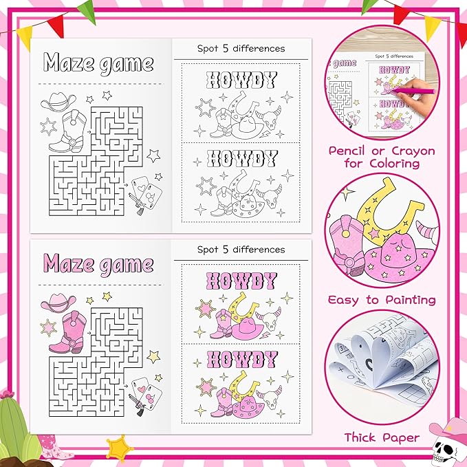 JAPBOR Cowgirl Activity Coloring Books - 24PCS Mini Western Theme Activities Color Book Bulk for Kids Party Favor, Wild West Hat Boot Cactus Colour Pages for Birthday Gifts Class Drawing Painting Game