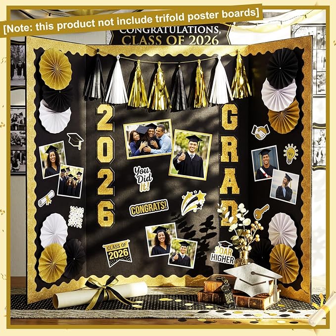 31 Pcs Graduation Photo Display Board Decoration 40"x28" Trifold Poster Board Graduation Themed Stickers Grad Fan Tassel Garland for 2026 Grad Party College Picture Frame(Black Gold Silver)