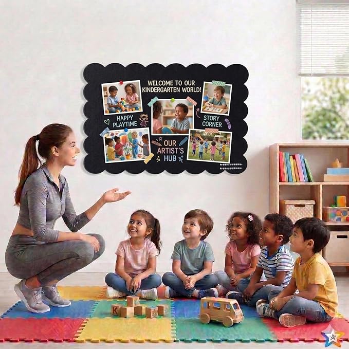 Scalloped Bulletin Board, 36x24 Scalloped Felt Bulletin Board, 3' by 2' Trifold Foldable Picture Display with 20 Pins & 5 Cute Decors - Black