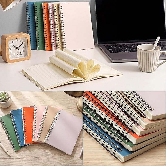 Leelosp 12 Pcs Small Spiral Notebook Lined Spiral Journal College Ruled Notebook Wire Bound Kraft Cover, 120 Pages for Work (Light Colored,5 x 7 Inch)