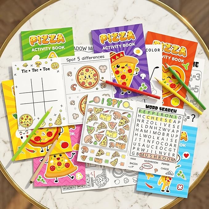 JAPBOR Pizza Activity Coloring Books - 24PCS Mini Pizzas Themed Color Activities Book Bulk for Party Favor, Delicious Food Small DIY Colour Pages for Birthday Gifts Class Drawing Painting Games