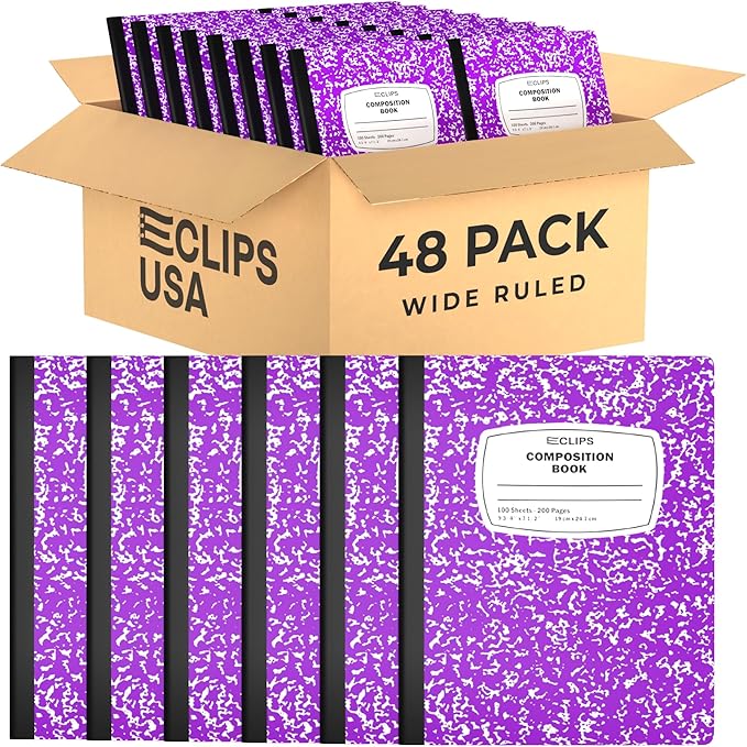 Composition Notebook Wide Ruled Composition Notebooks Bulk Purple Marble Hard Cover Wide Ruled Notebook Paper Note Books For Schools Marble Composition Books 100 Sheets 200 Pages 9.75” x 7.25” (48 Pack, Purple)