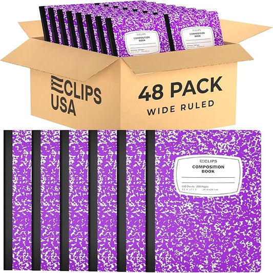 Composition Notebook Wide Ruled Composition Notebooks Bulk Purple Marble Hard Cover Wide Ruled Notebook Paper Note Books For Schools Marble Composition Books 100 Sheets 200 Pages 9.75” x 7.25” (48 Pack, Purple)