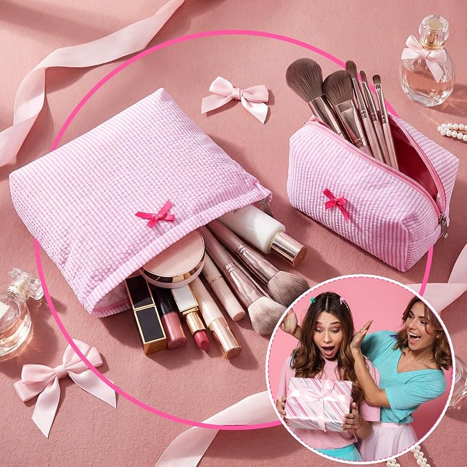 Huhumy 2 Pcs Bow Tie Makeup Bag Set, Stripe Cosmetic Pouch for Women, Seersucker Travel Toiletry Bag, Preppy Makeup Purse Pouch, Aesthetic Skincare Brushes Storage Organizer for Women Gifts(Pink)