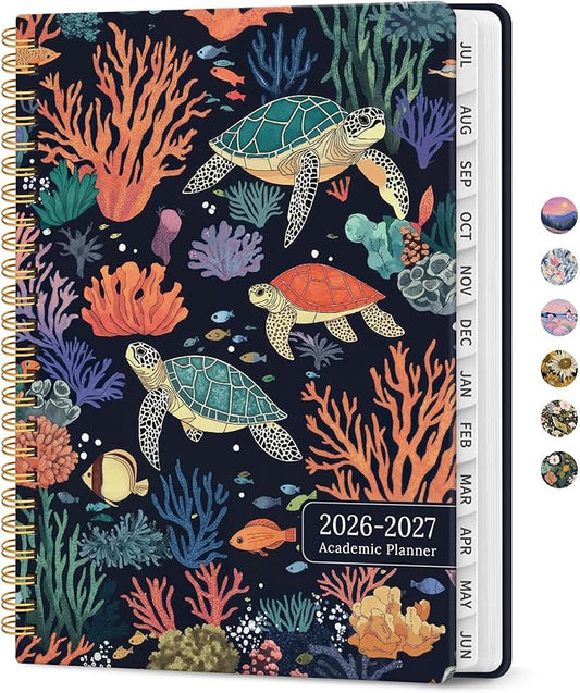 Planner 2026–2027, Academic Monthly Weekly Spiral Calendar, July 2026 – June 2027, Hardcover Agenda Notebook with Tabs, 6.3" x 8.5", Perfect for Students, Teachers, School & Daily Planning - Turtle Meeting